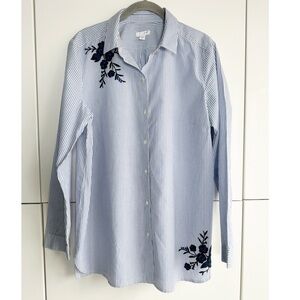 J. Jill Embroidered Button Down Shirt Blue White Stripe Size Medium Costal Work